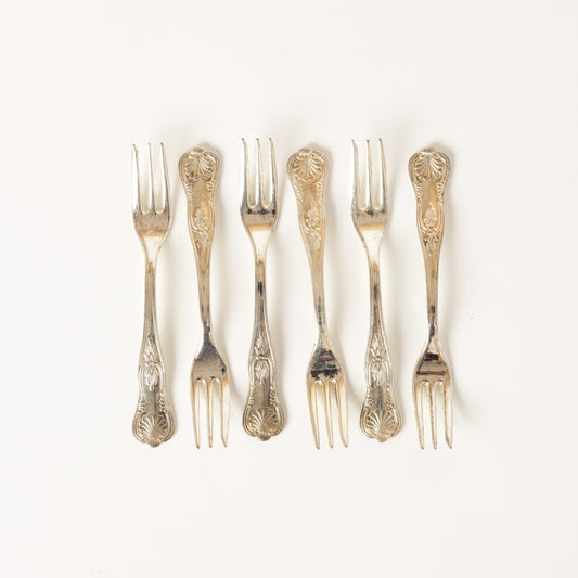 VINTAGE SET 6 FORCHETTE TORTA ARGENTATE ARG. 800 STILE ROCAILLE CONCHIGLIA