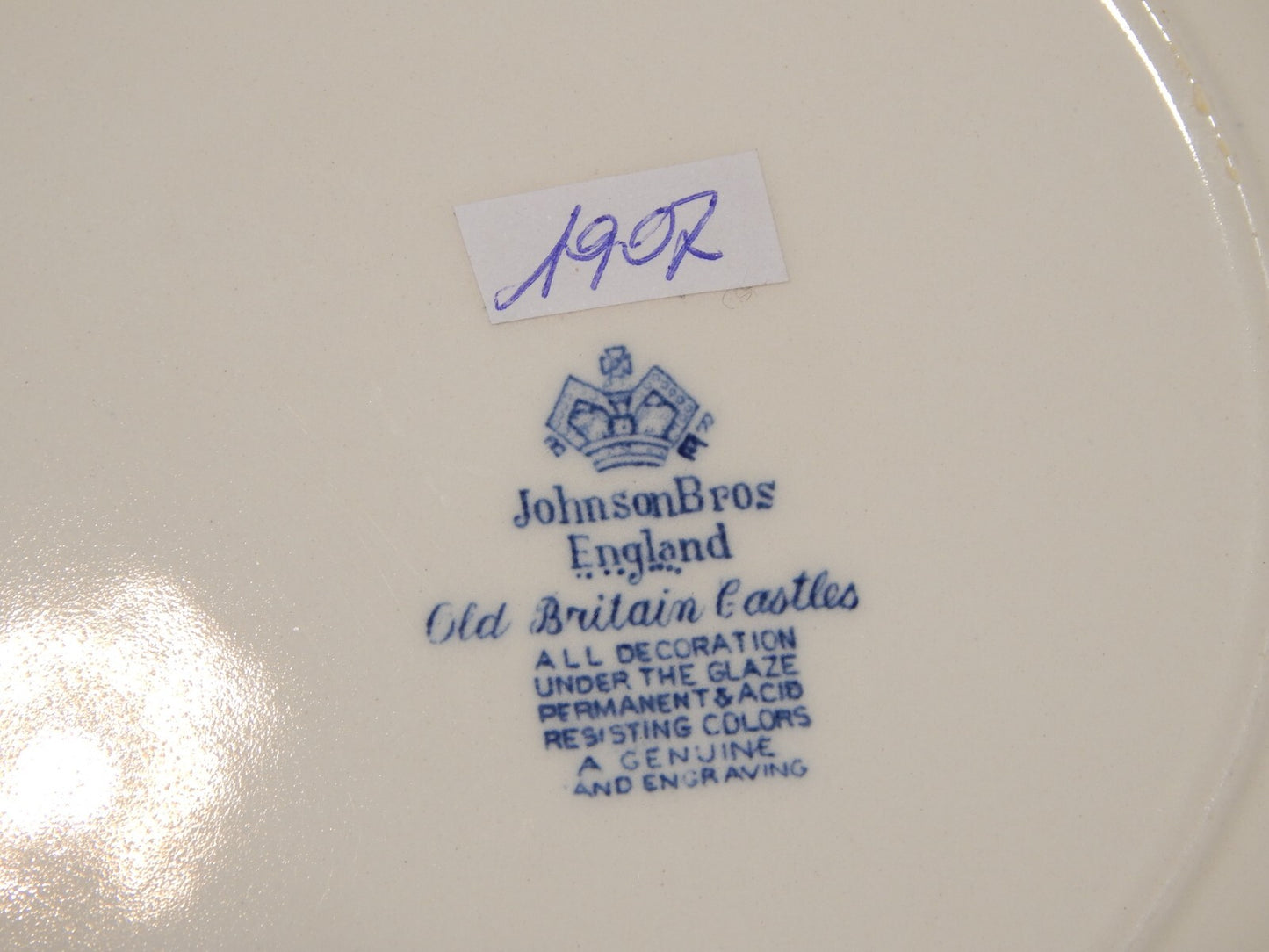 VINTAGE JOHNSON BROS OLD BRITAIN CASTLE BLU PIATTO PIANO PORCELLANA DIFETTO 1907