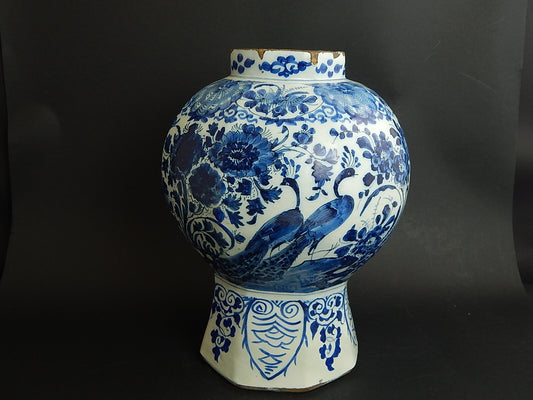ANTICO PREZIOSO GRANDE VASO OTTAGONALE CERAMICA DELFT FINE XVII SECOLO I PAVONI