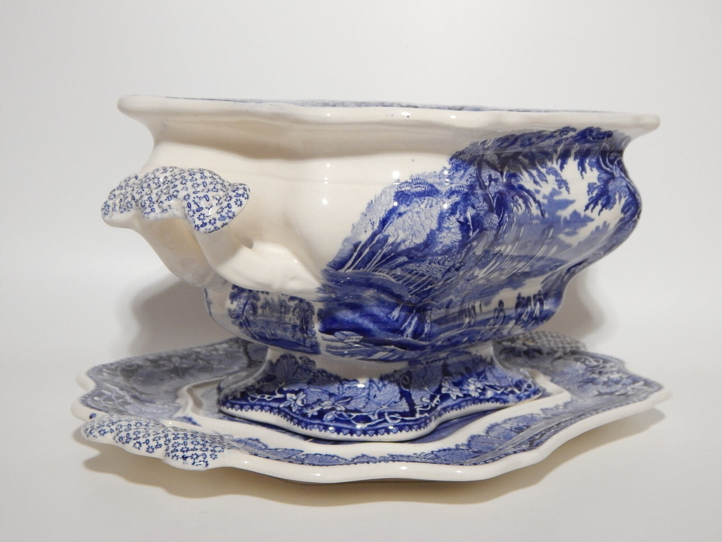 ANTICO CENTROTAVOLA FRUTTIERA CERAMICA INGLESE MASON’S DECORO VISTA BIANCO BLU