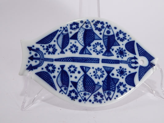 VINTAGE PIASTRELLA TILE FISH PORCELAIN PORCELLANA PESCE PORSGRUND BIANCO BLU