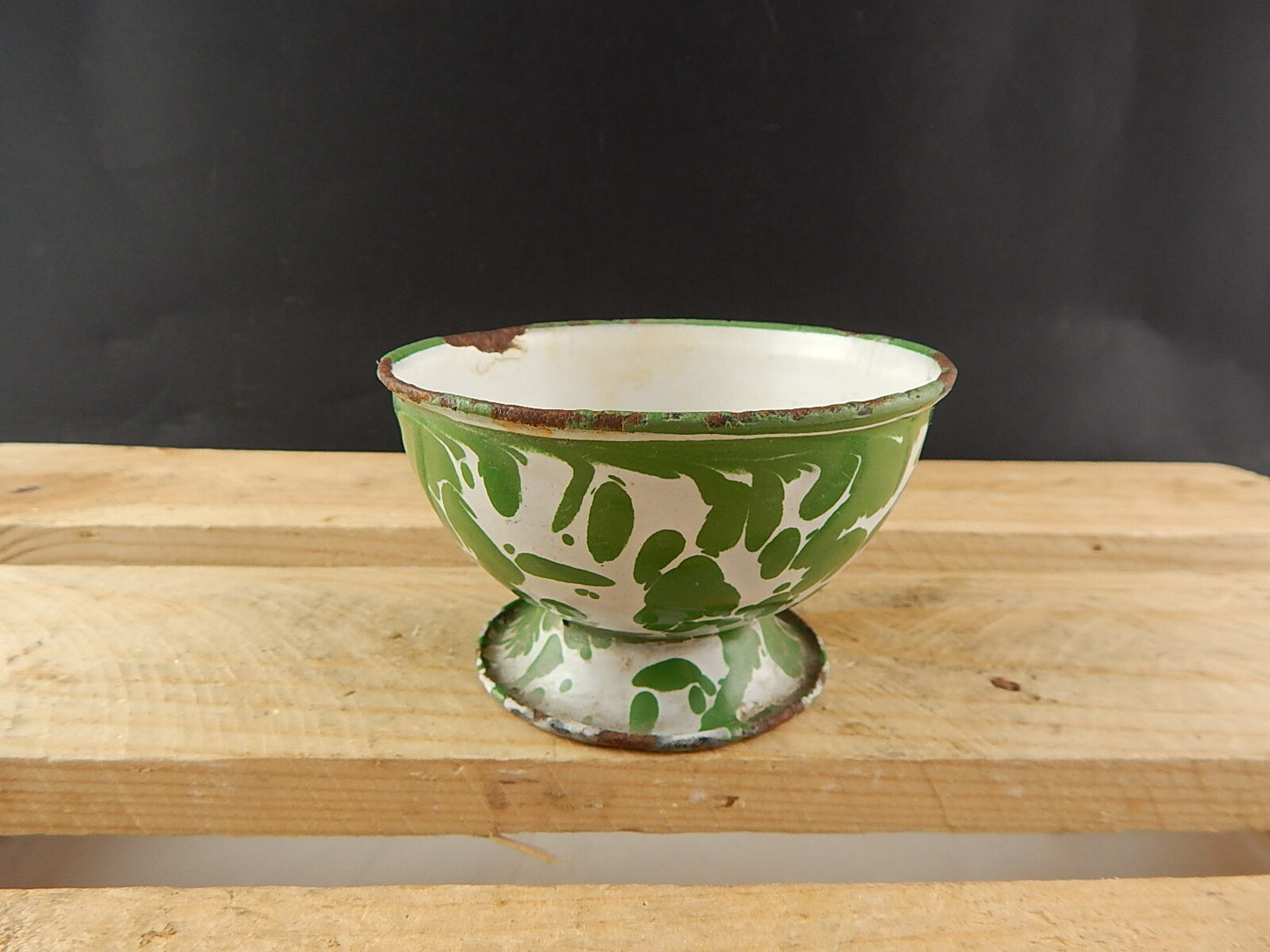 ANTICA SCODELLA CIOTOLA LATTA METALLO SMALTATA CAMOUFLAGE VERDE COUNTRY CHIC #