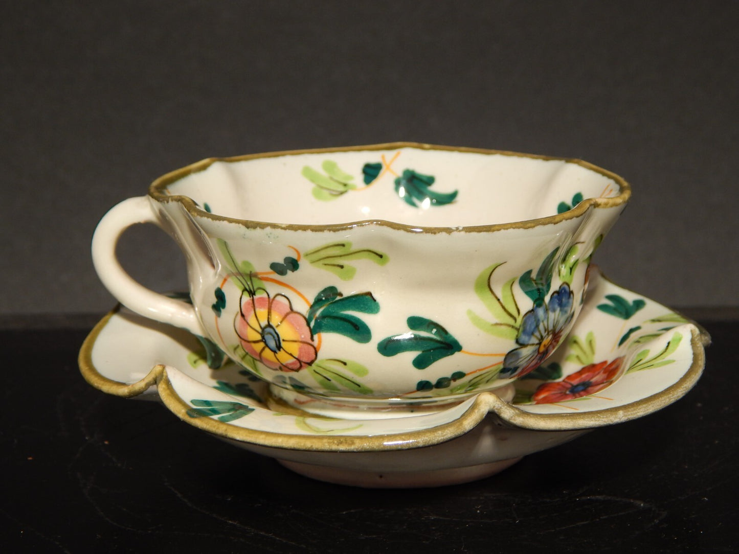 ANTICA RARA TAZZA E PIATTINO IN MAIOLICA CERAMICA CANTAGALLI FIRENZE ITALY #1346