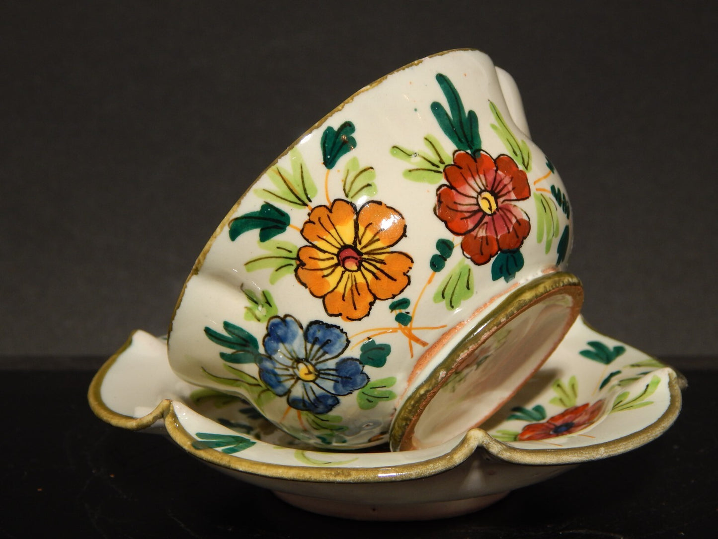 ANTICA RARA TAZZA E PIATTINO IN MAIOLICA CERAMICA CANTAGALLI FIRENZE ITALY #1346