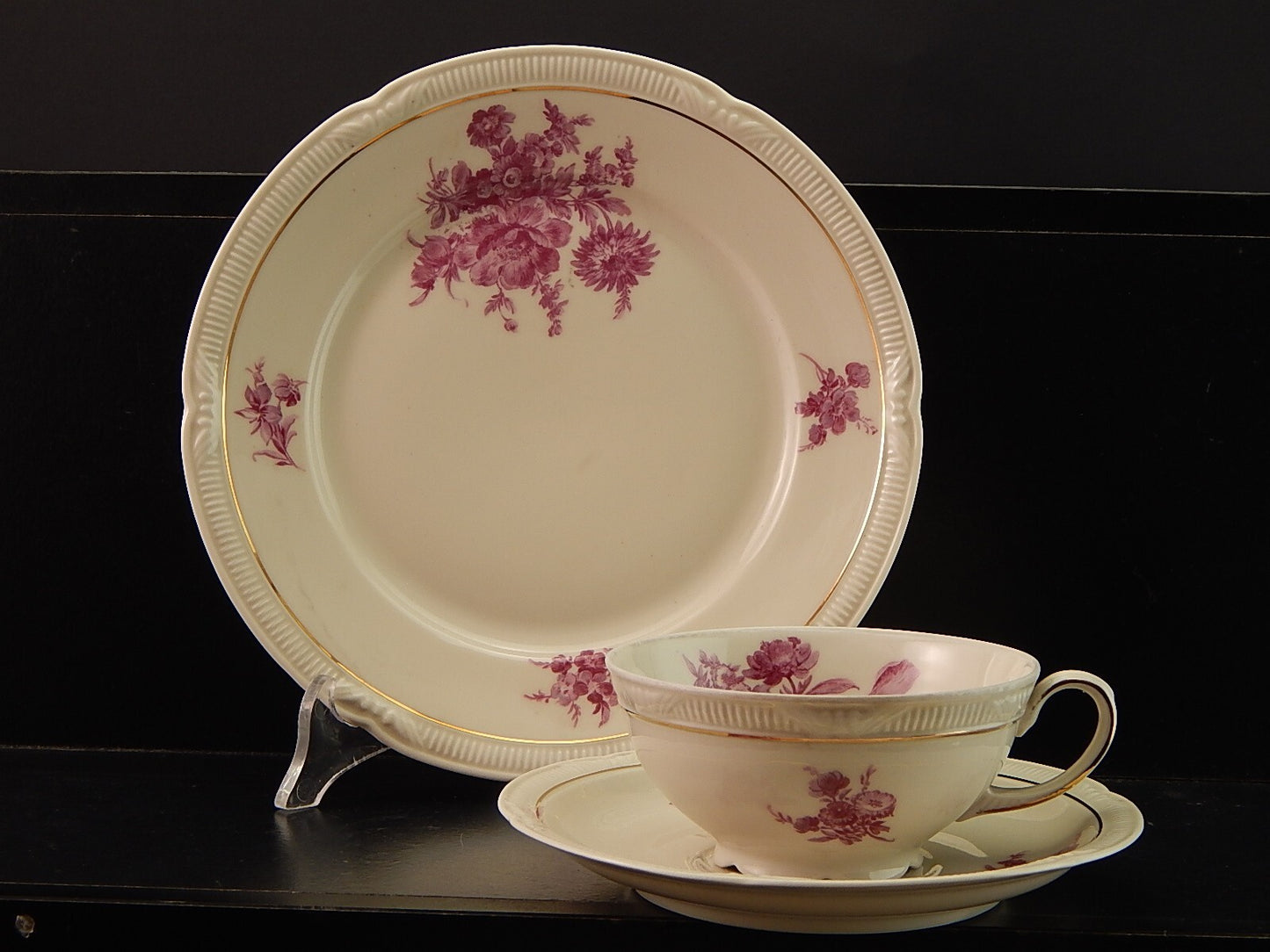 PREZIOSO ANTICO TRIO TE' PORCELLANA ZEH SCHERZER BAVARIA DECORO ROSA FUCSIA