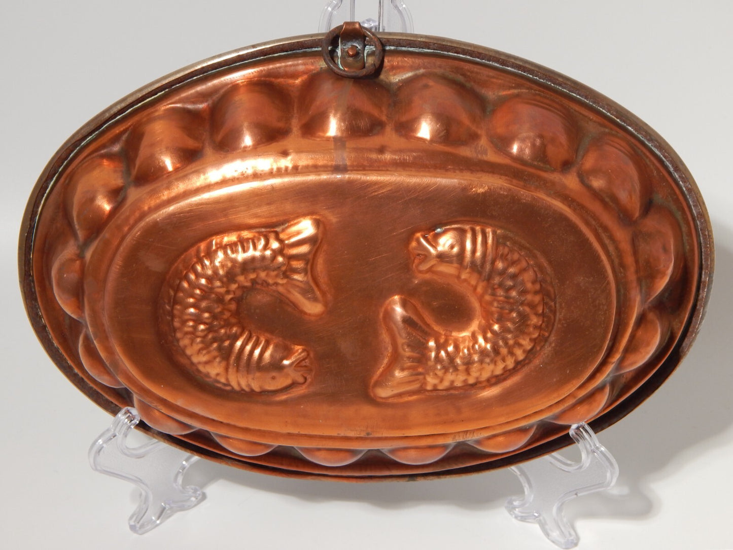 VINTAGE CUCINA FORMELLA STAMPO OVALE RAME PRIMA META' 900 CM 31 PESCI