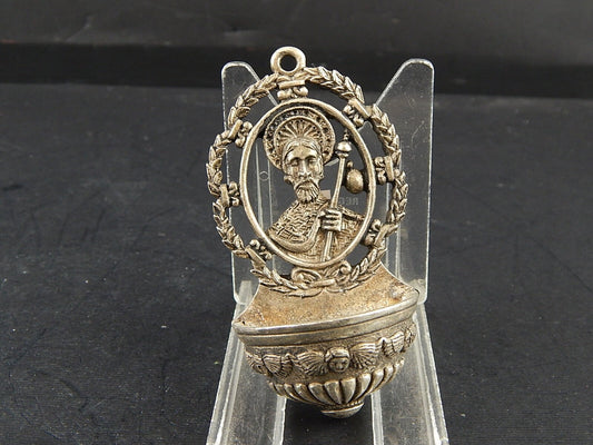 VINTAGE ARTE SACRA ACQUASANTIERA IN METALLO RICORDO DI SANTIAGO