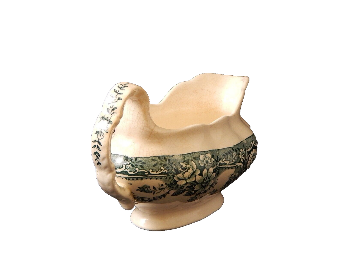 ANTICA SALSIERA INGLESE CERAMICA POTTERY VITTORIANA META' 800 DECORO IN VERDE