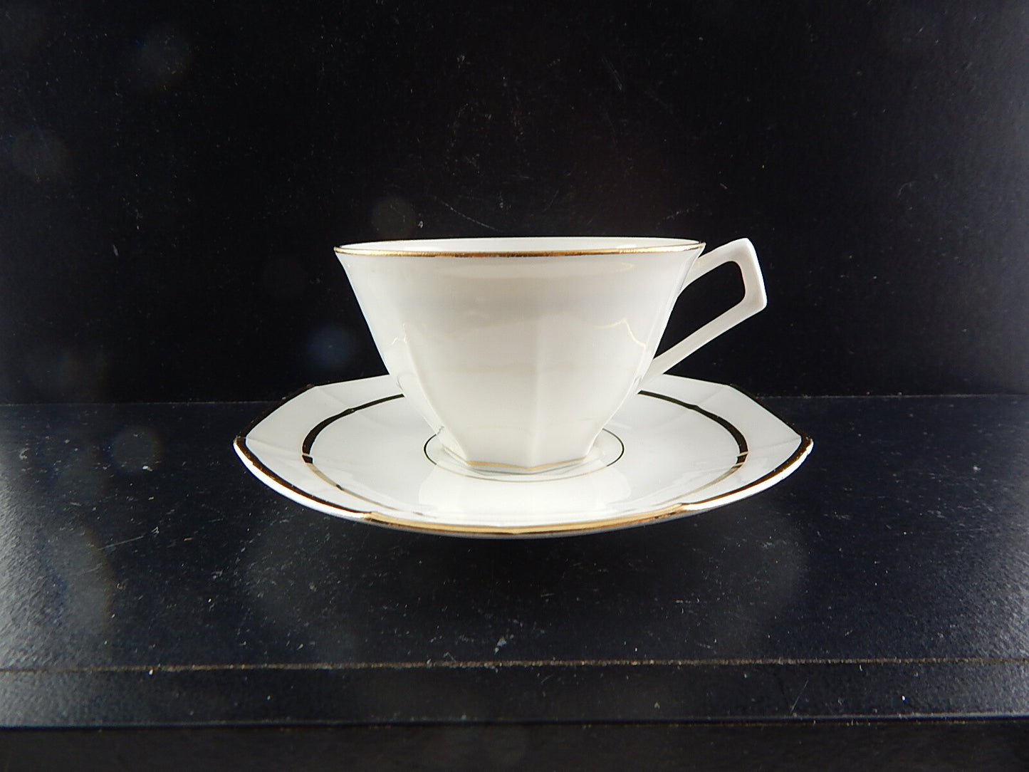 ANTICA TAZZA CAFFÈ CON PIATTINO ART DECO LIMOGES PORCELLANA BIANCA E ORO