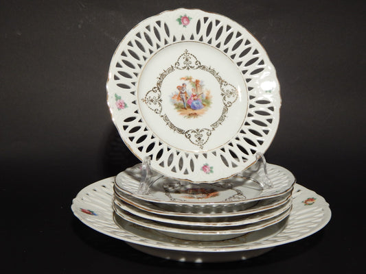 ANTICO RARO ROMANTICO SET 6 PIATTI PORCELLANA TRAFORATI CON SCENE GALANTI