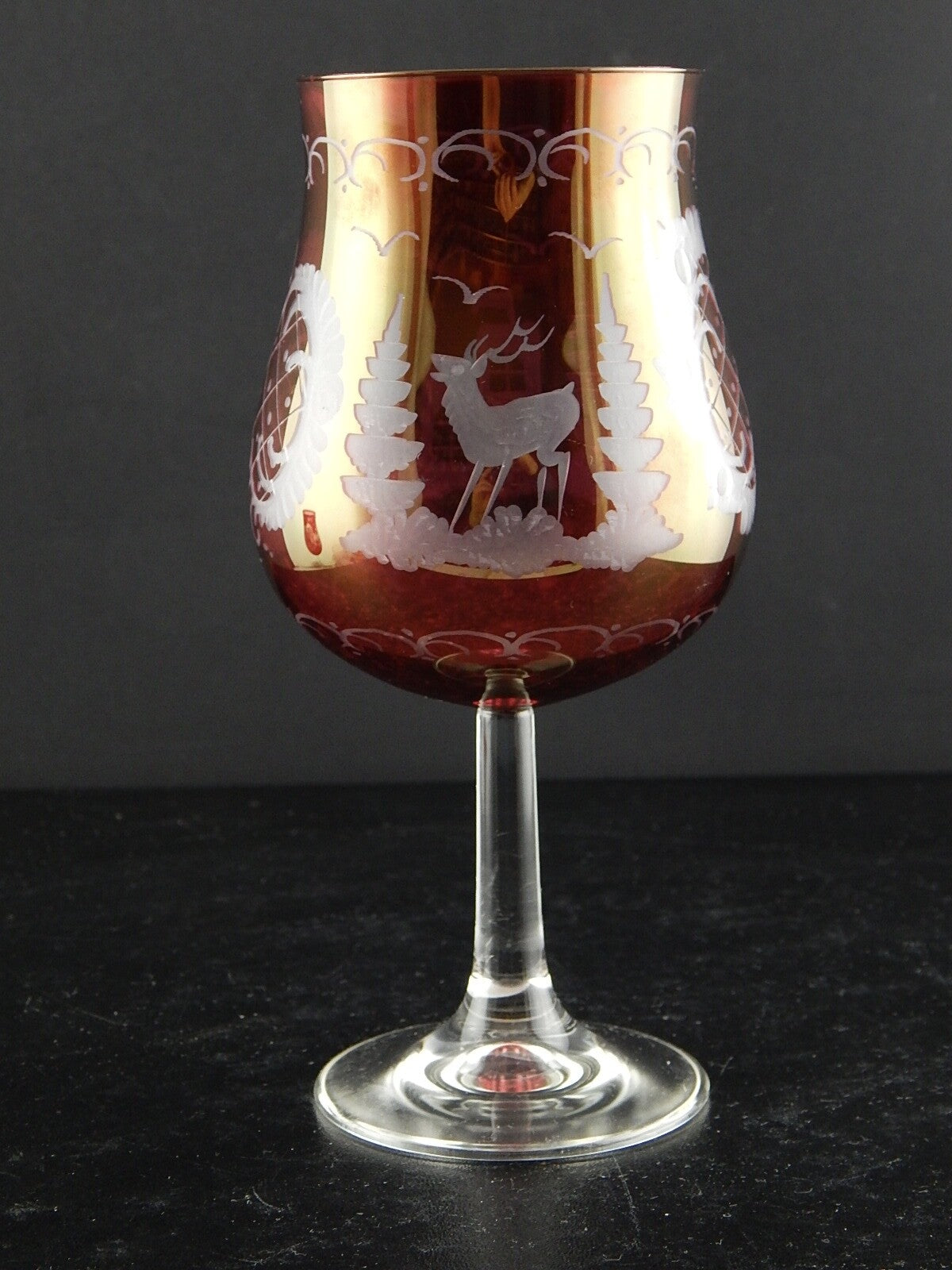 ANTICO BICCHIERE CALICE CRISTALLO ROSSO RUBINO INCISO ALL'ACIDO BOEMIA