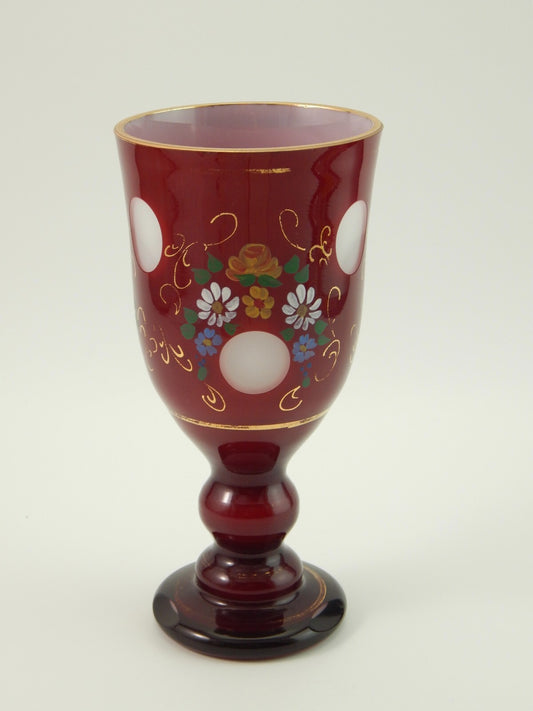 ANTICO BICCHIERE BOCCALE CRISTALLO MOLATO DIPINTO BOEMIA BIEDERMEIER INCAMICIATO