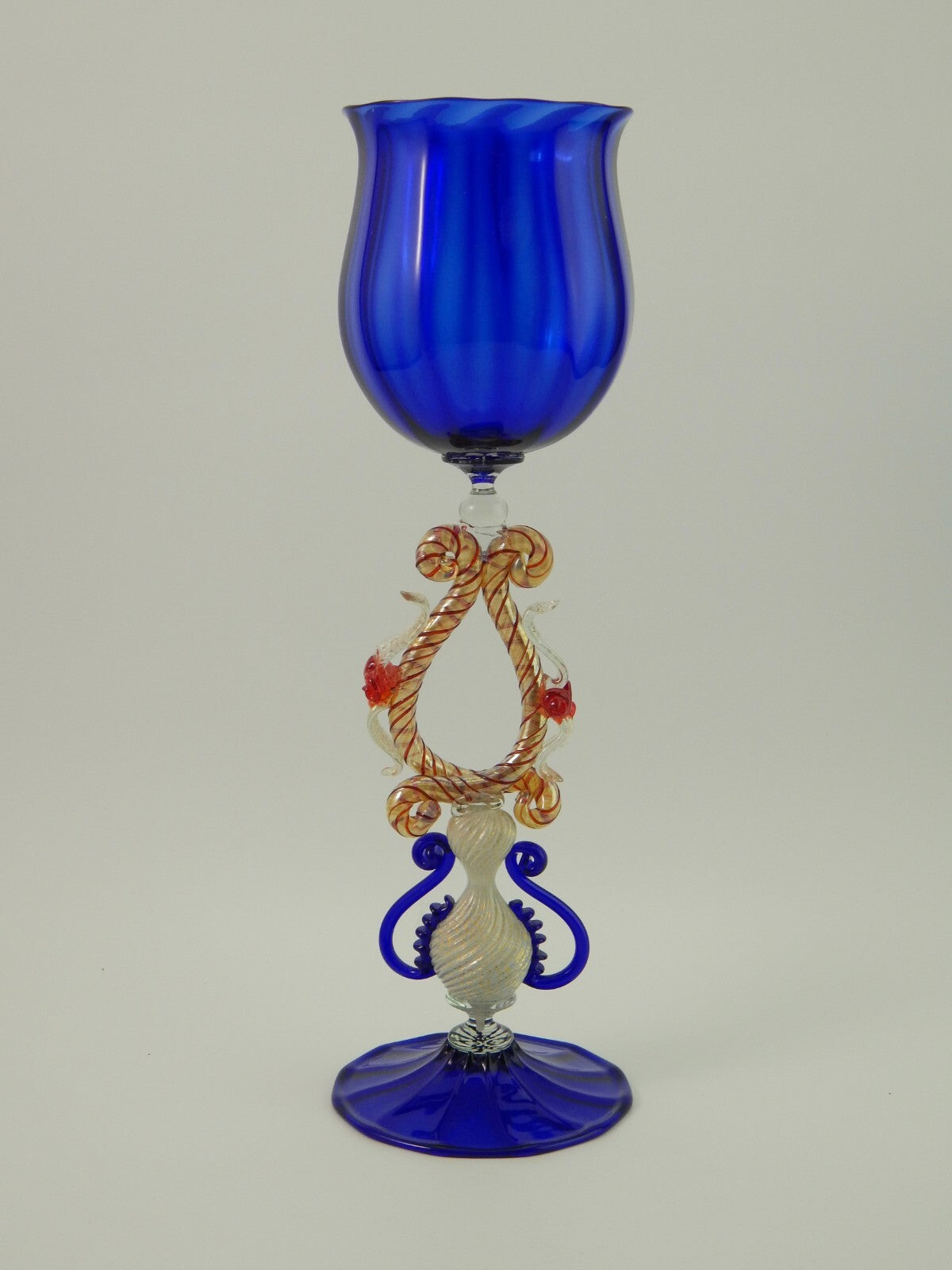 PREZIOSO MAESTOSO RARO TIPETTO CALICE MURANO VETRO BLU COBALTO SOFFIATO H. 32 CM