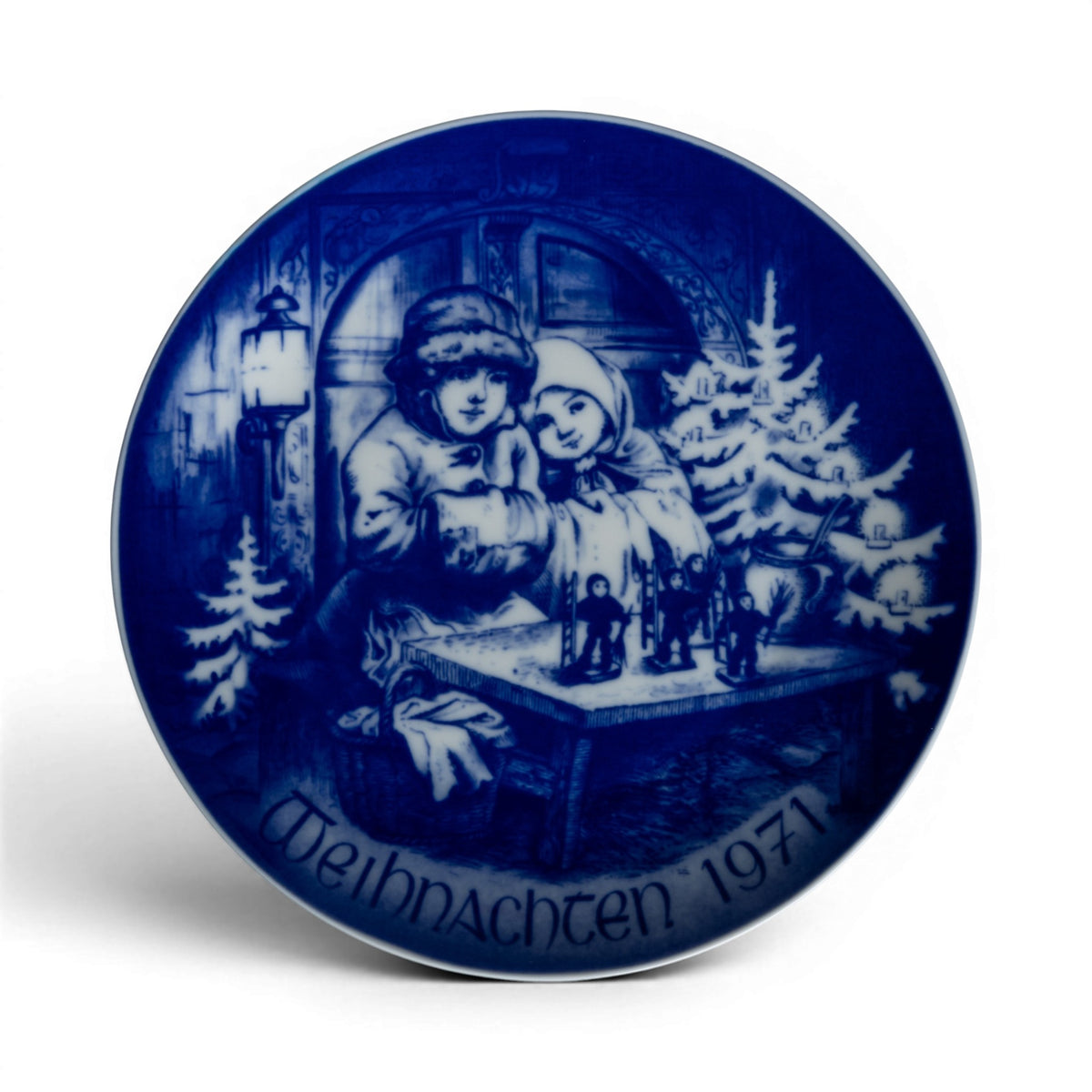 Piatto di Natale Bareuther 1971 in porcellana, bambini con soldatini davanti a un lampione, decoro blu cobalto sottosmalto, 20cm