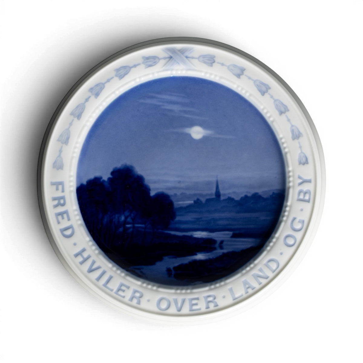 Piatto del Poeta Bing&Grondahl con paesaggio danese notturno, porcellana sottosmalto blu di Achton Friis