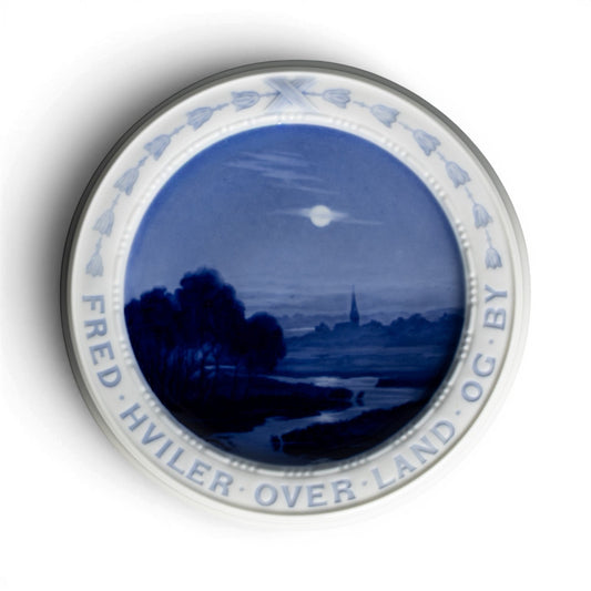 Piatto del Poeta Bing&Grondahl con paesaggio danese notturno, porcellana sottosmalto blu di Achton Friis