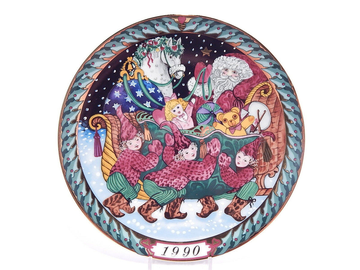 Piatto Bing&Grondahl Santa's Sleigh 1990 in porcellana danese dipinta a mano con oro zecchino