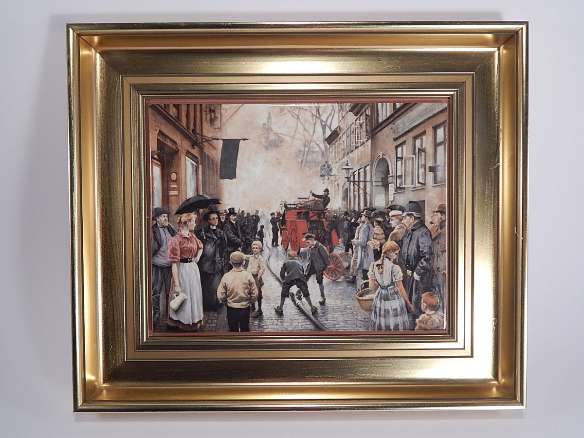 Bing&Grondahl quadro in porcellana Paul Fischer Incendio in Skindergade 1988 con cornice, porcellana danese