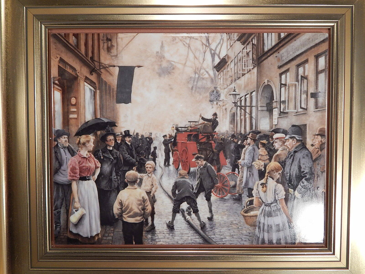 Bing&Grondahl quadro in porcellana Paul Fischer Incendio in Skindergade 1988 con cornice, pezzo da collezione
