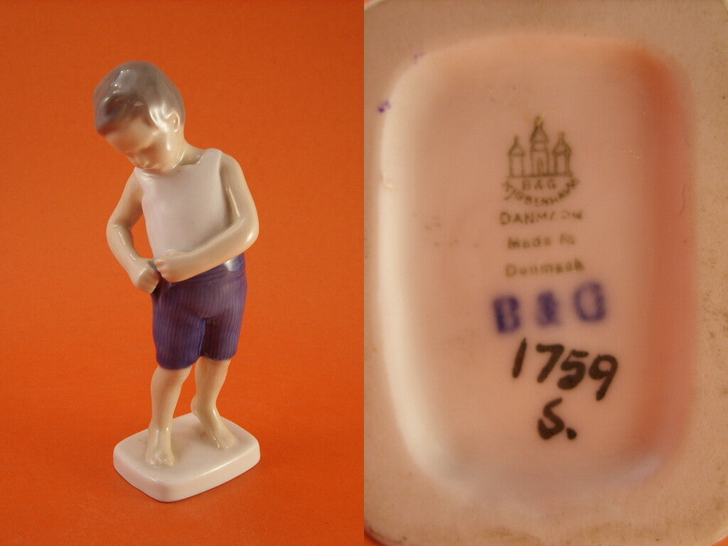 Bing&Grondahl porcellana Statuina "Bambino che Allaccia i Pantaloni" Cod 1759 d'antiquariato, 15 cm