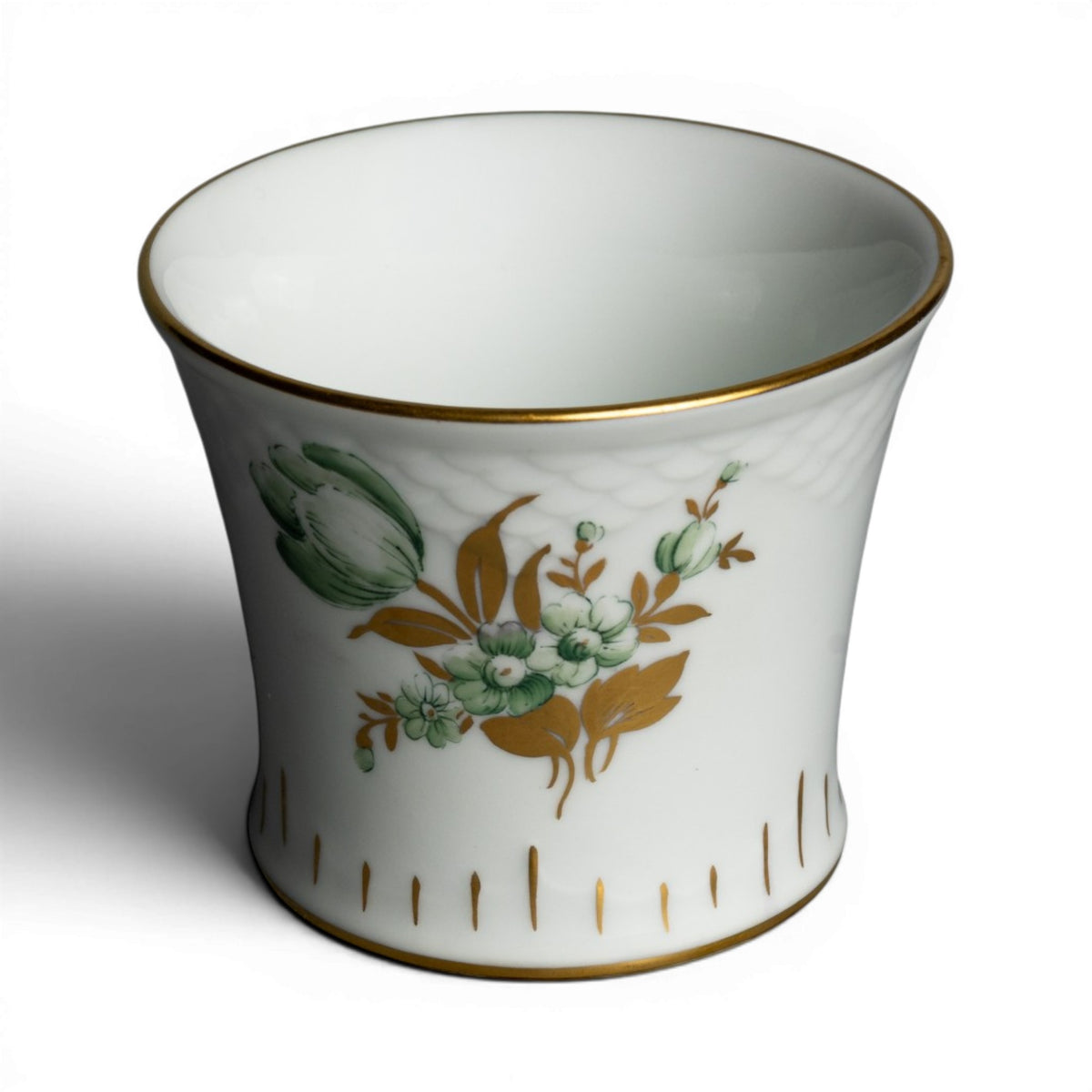 Bing&Grondahl vaso Ofelia porcellana 219, decoro floreale verde e rifiniture in oro zecchino
