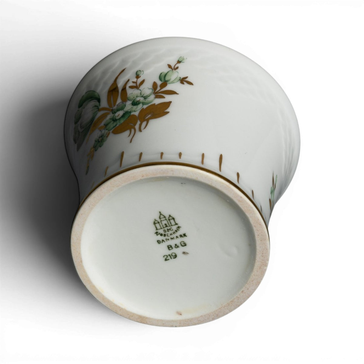 Bing&Grondahl vaso Ofelia porcellana, motivo floreale verde e foglie dorate dipinte a mano