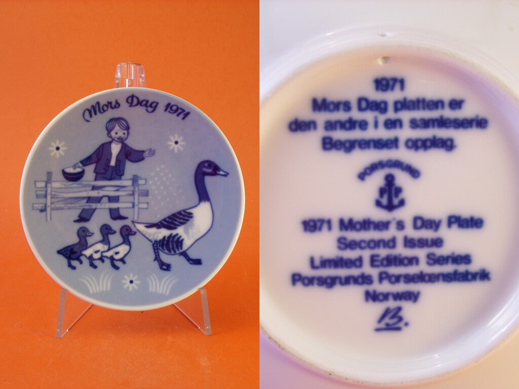 Piatto Porsgrund Mors Dag 1971 secondo della serie, collezione porcellane scandinave