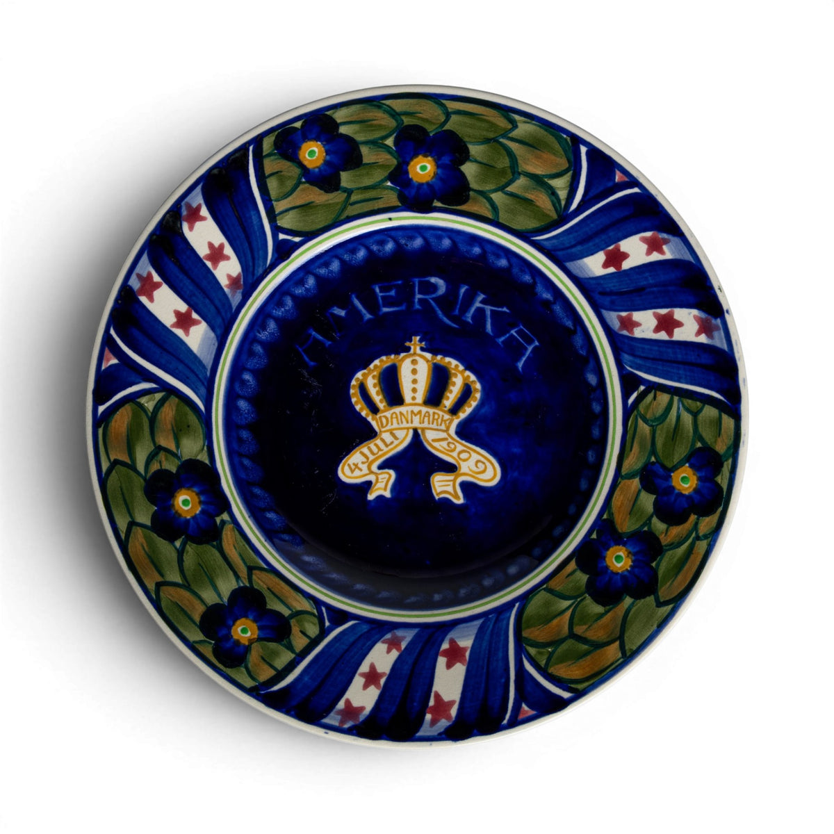 Piatto commemorativo Royal Copenhagen Aluminia Giornata Danese-Americana 4 luglio 1909, ceramica dipinta a mano