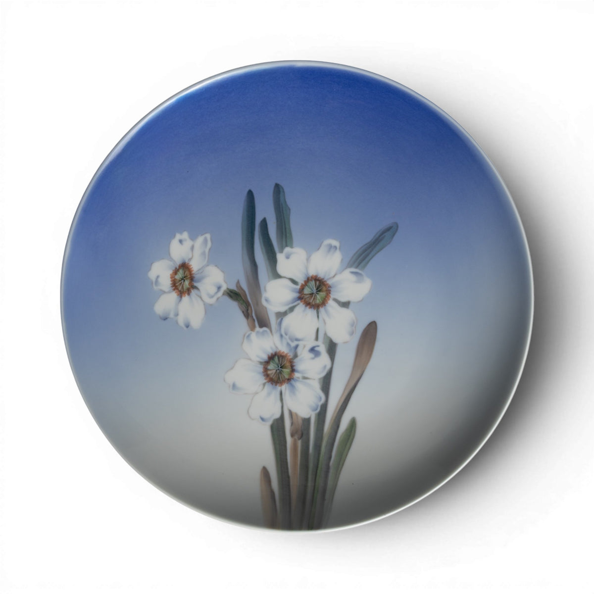 Royal Copenhagen piatto in porcellana con narcisi bianchi dipinti a mano, decoro sottosmalto su fondo blu sfumato