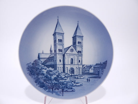 Piatto da parete Royal Copenhagen con veduta della cattedrale di Viborg, porcellana danese blu sottosmalto