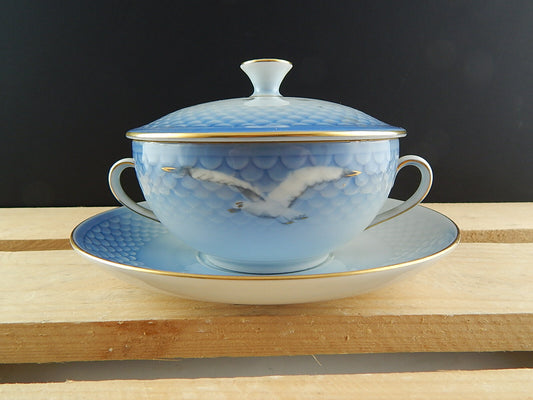 Royal Copenhagen Servizio Gabbiani Tazza da brodo con coperchio porcellana dipinta a mano