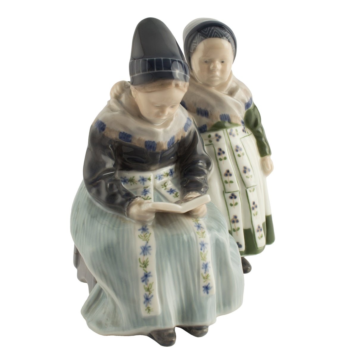 Royal Copenhagen Statuina "Ragazze di Amager Leggono" Cod 1395 porcellana dipinta a mano, 18 cm