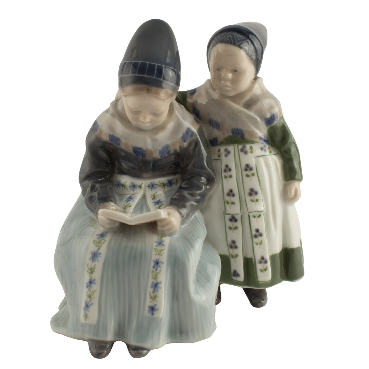 Royal Copenhagen porcellana Statuina "Ragazze di Amager Leggono" Cod 1395 d'antiquariato, 18 cm