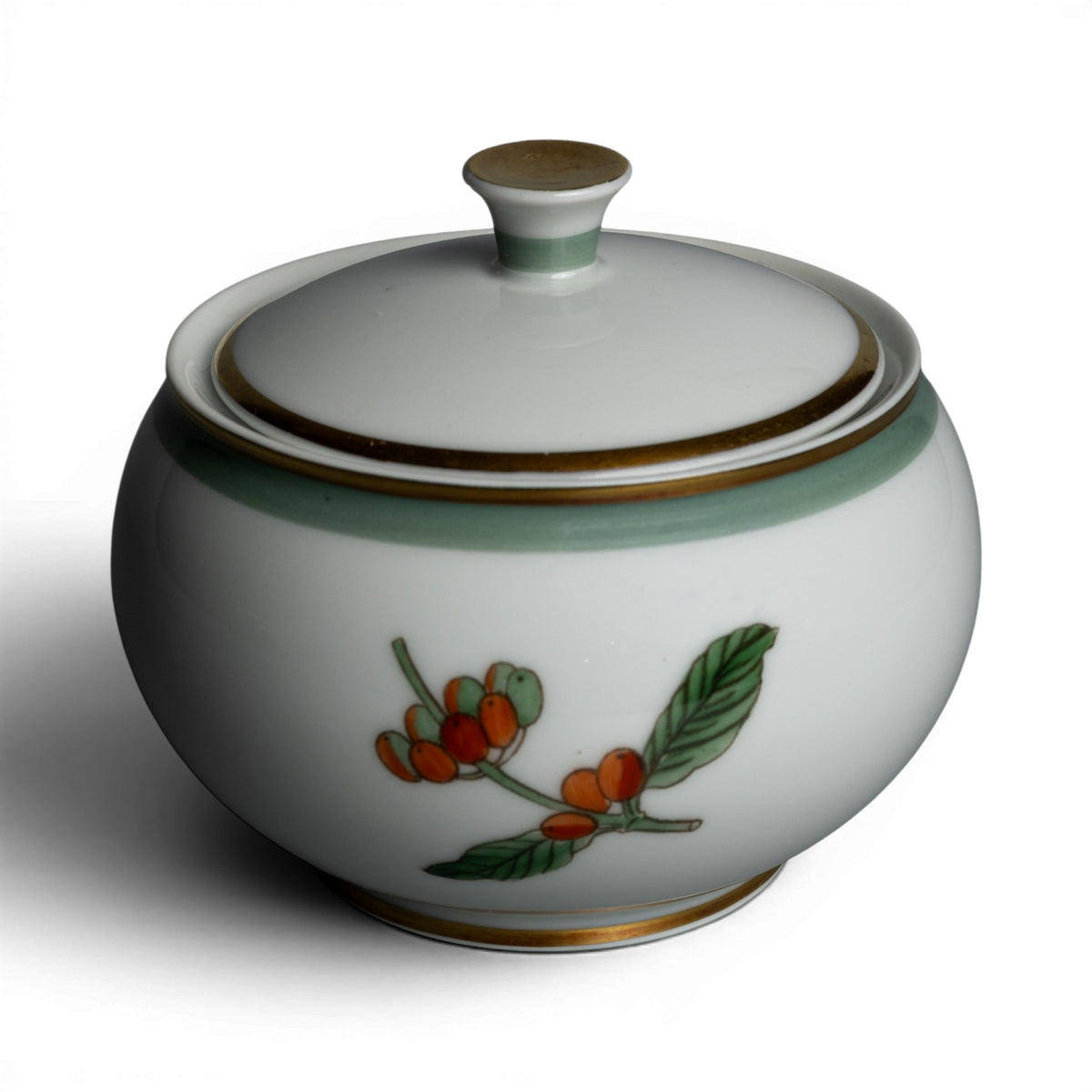 Royal Copenhagen zuccheriera Java porcellana 914/9659, decoro a chicchi di caffè rossi e foglie verdi