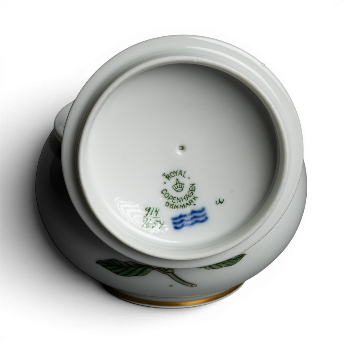 Royal Copenhagen zuccheriera Java porcellana danese, banda decorativa in oro zecchino