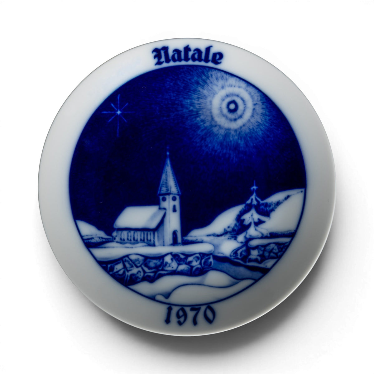 Piatto di Natale Tirschenreuth 1970, porcellana tedesca decoro blu cobalto, chiesa innevata sotto stella cometa