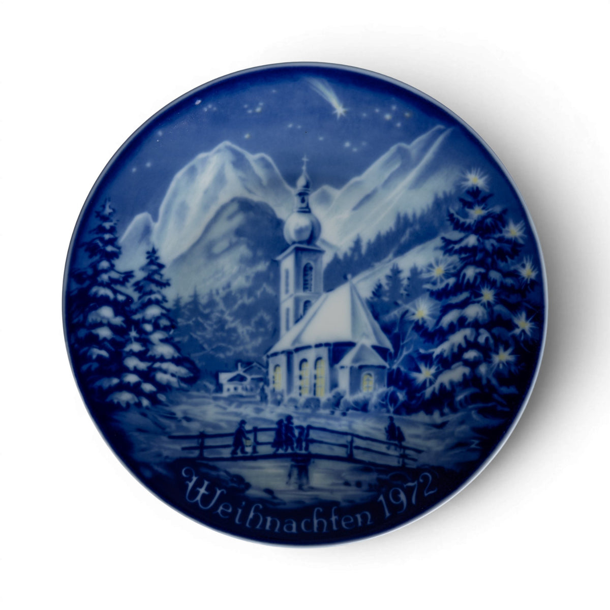Piatto di Natale Tirschenreuth 1972 in porcellana, chiesetta di montagna e stella cadente, decoro blu cobalto sottosmalto, 20cm